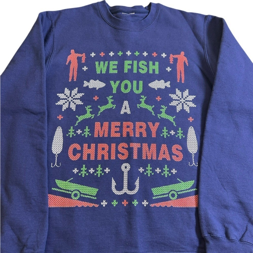 We‎ Fish You a Merry Christmas Navy Blue Graphic Sweatshirt Men's Large